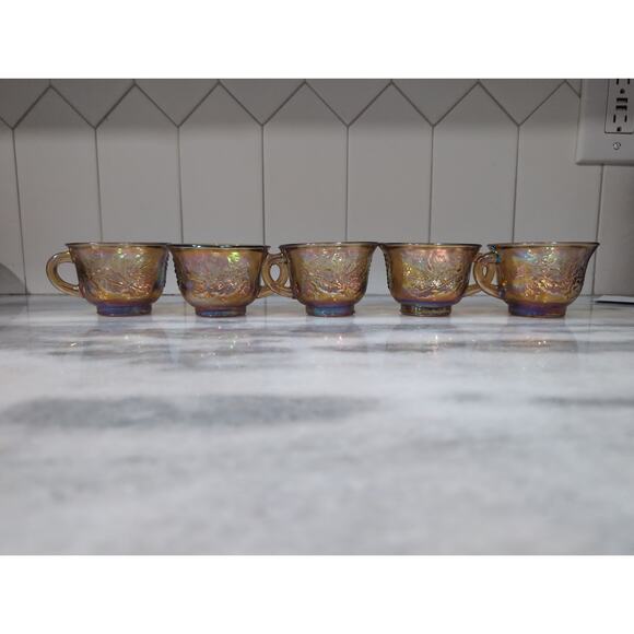 Harvest Grape Carnival Glass Punch Cups, Set of 9 Vintage Indiana Marigold Cups - Picture 5 of 11
